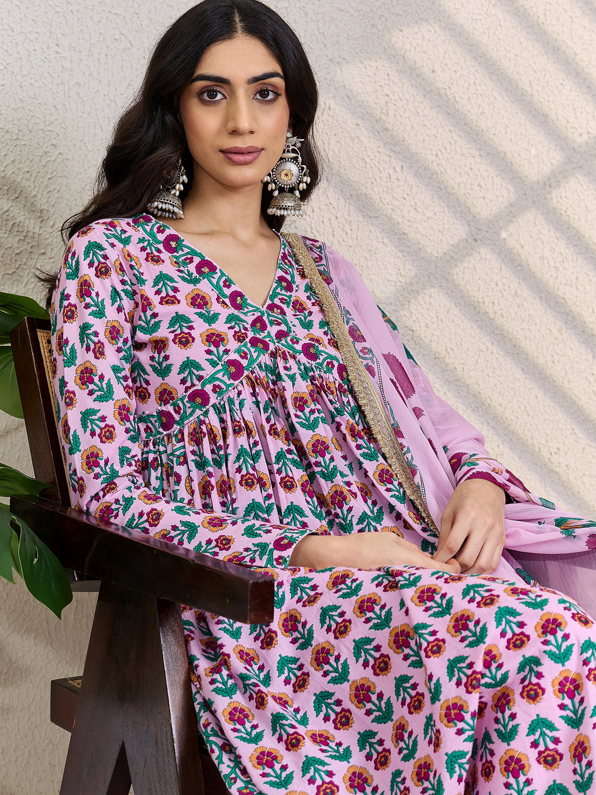 Pink Printed A-Line Kurta Trousers With Dupatta Set
