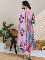 Pink Printed A-Line Kurta Trousers With Dupatta Set