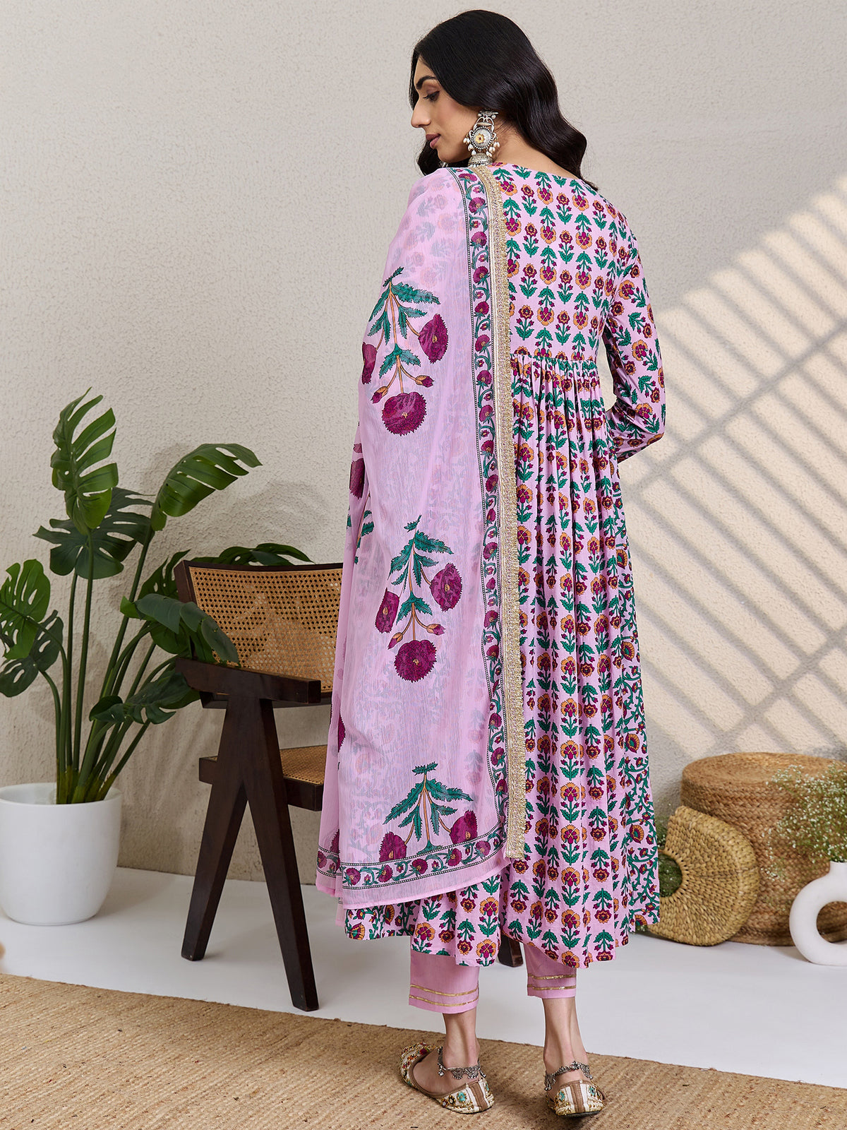 Pink Printed A-Line Kurta Trousers With Dupatta Set