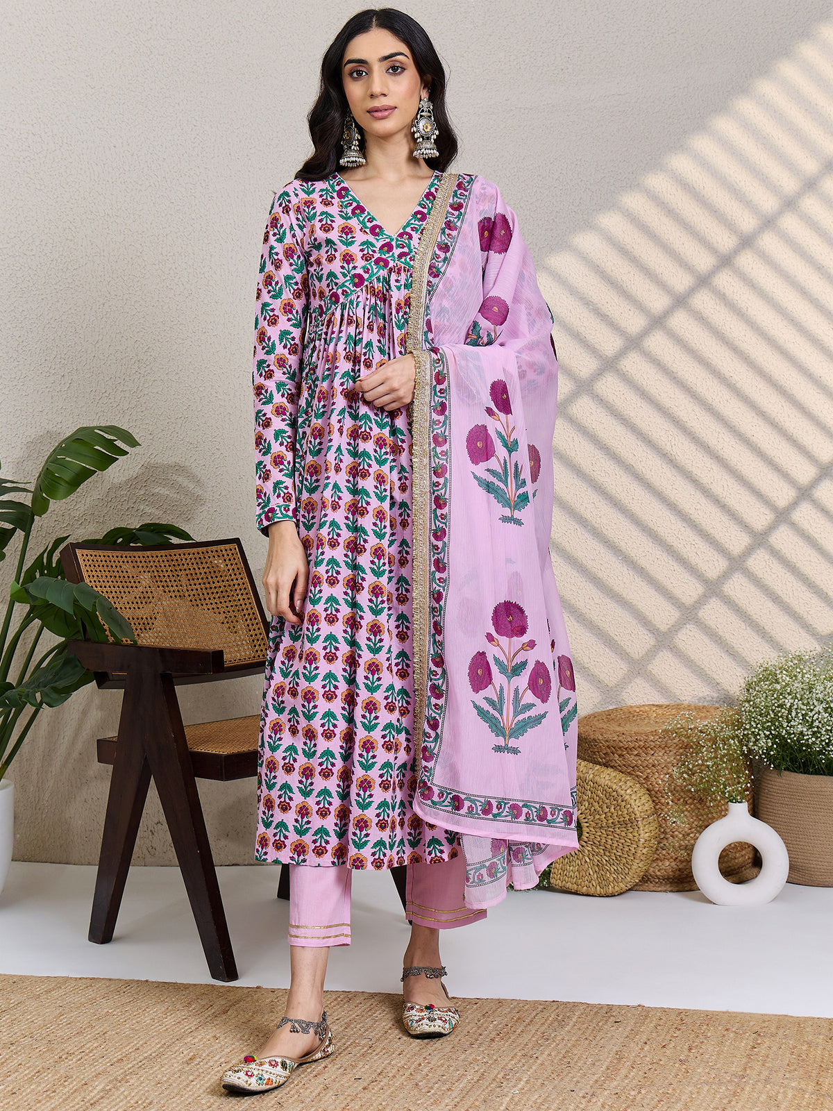 Pink Printed A-Line Kurta Trousers With Dupatta Set