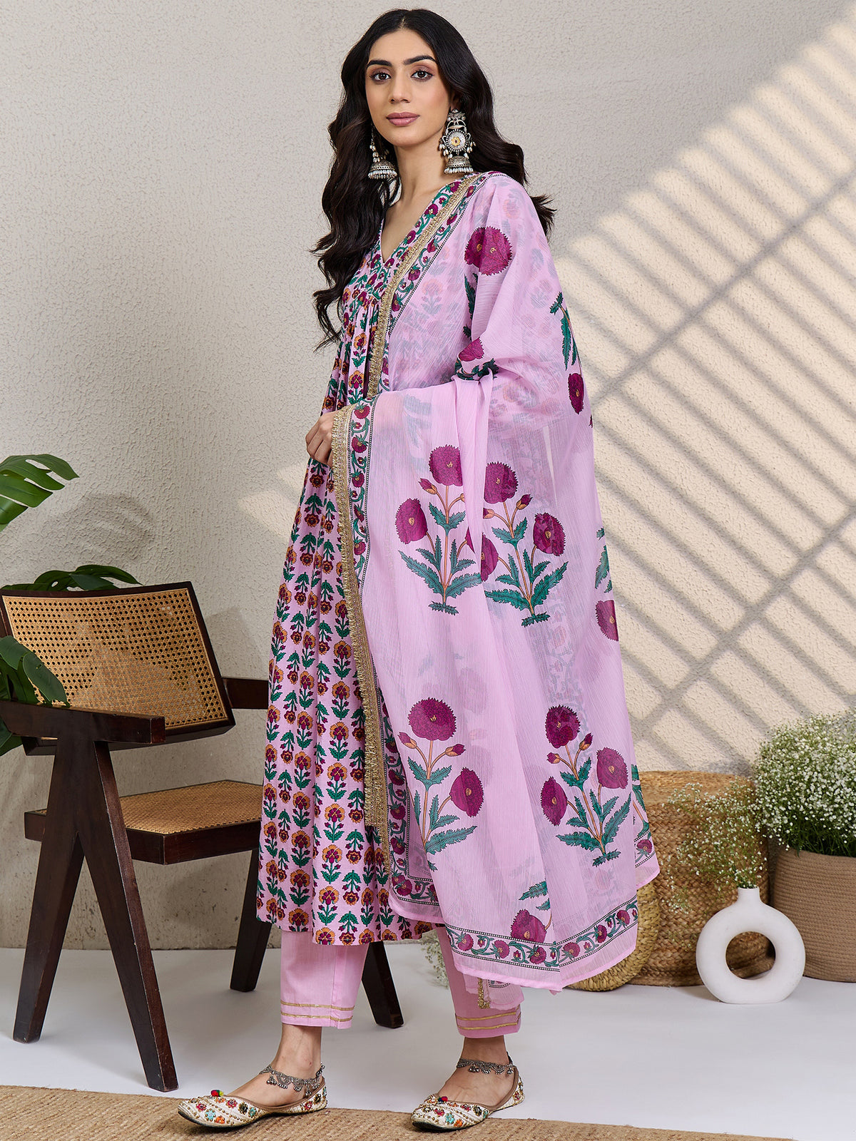 Pink Printed A-Line Kurta Trousers With Dupatta Set