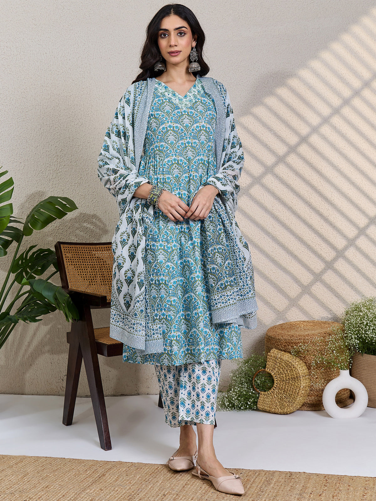 White Printed Straight Kurta Trousers With Dupatta Set