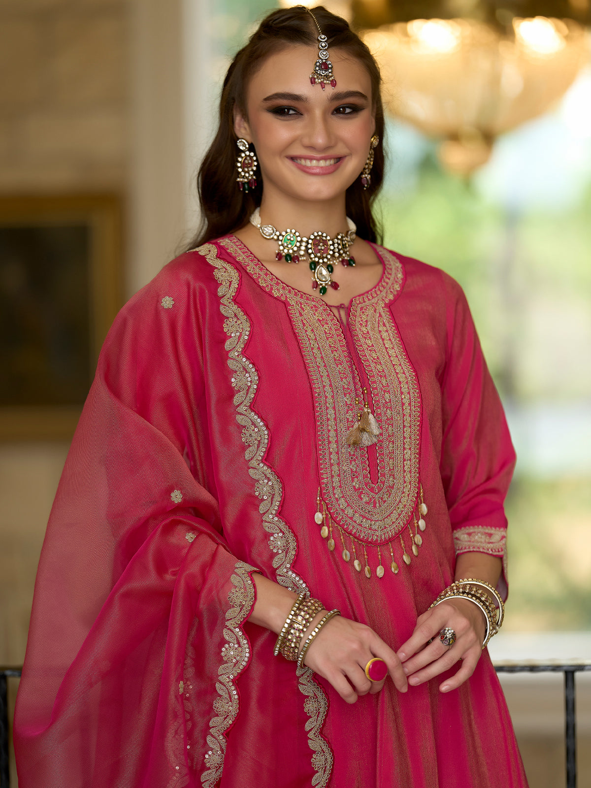 Pink Embroidered A-Line Kurta Trousers With Dupatta Set