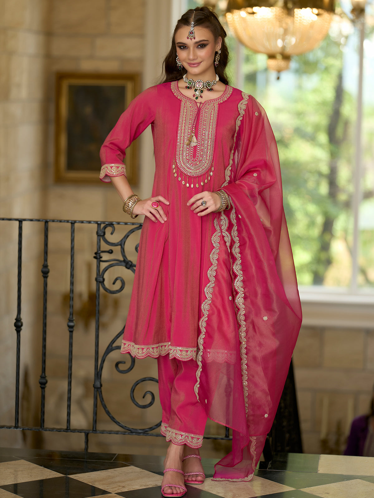 Pink Embroidered A-Line Kurta Trousers With Dupatta Set