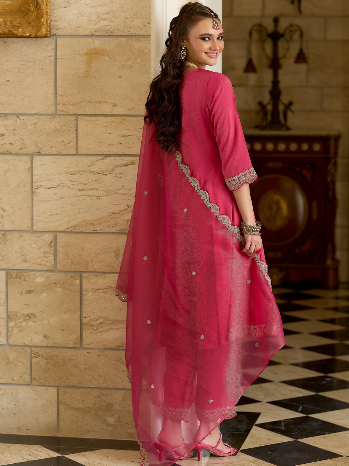 Pink Embroidered A-Line Kurta Trousers With Dupatta Set