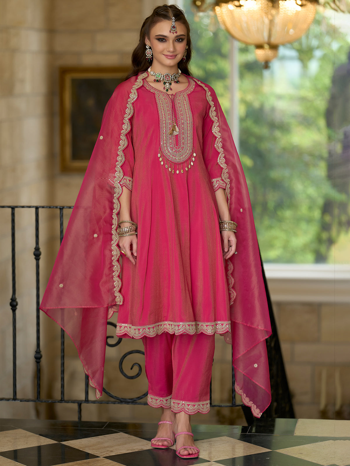 Pink Embroidered A-Line Kurta Trousers With Dupatta Set