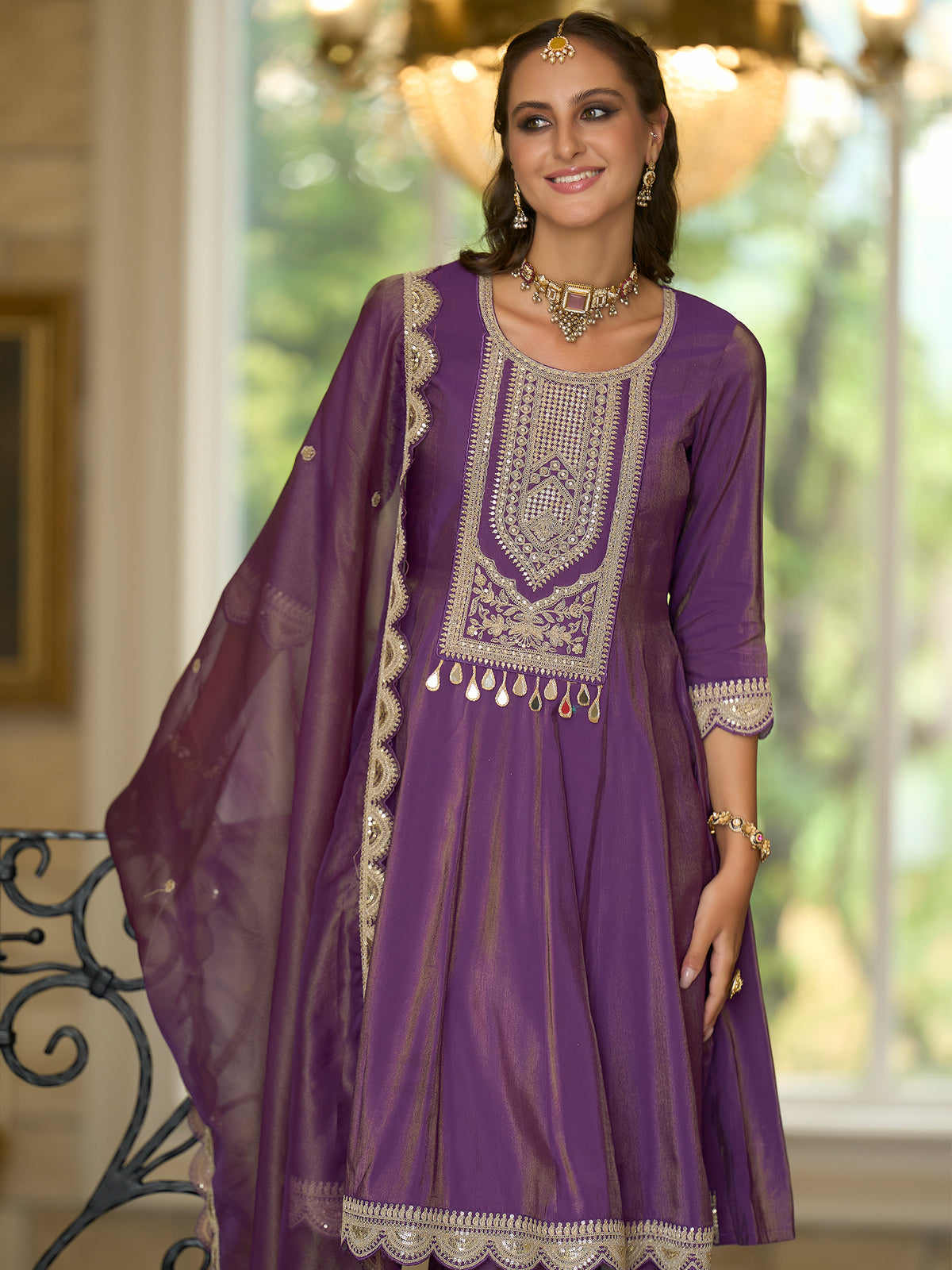 Purple Embroidered A-Line Kurta Trousers With Dupatta Set
