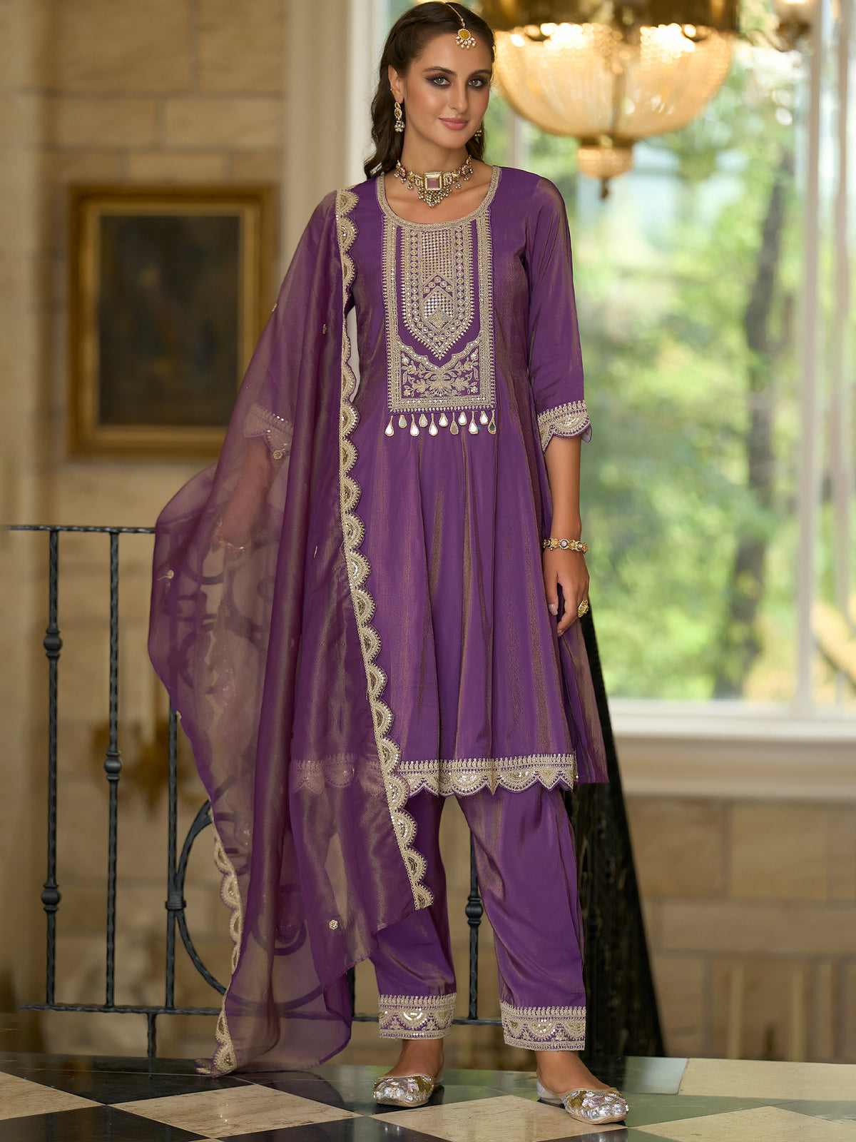 Purple Embroidered A-Line Kurta Trousers With Dupatta Set