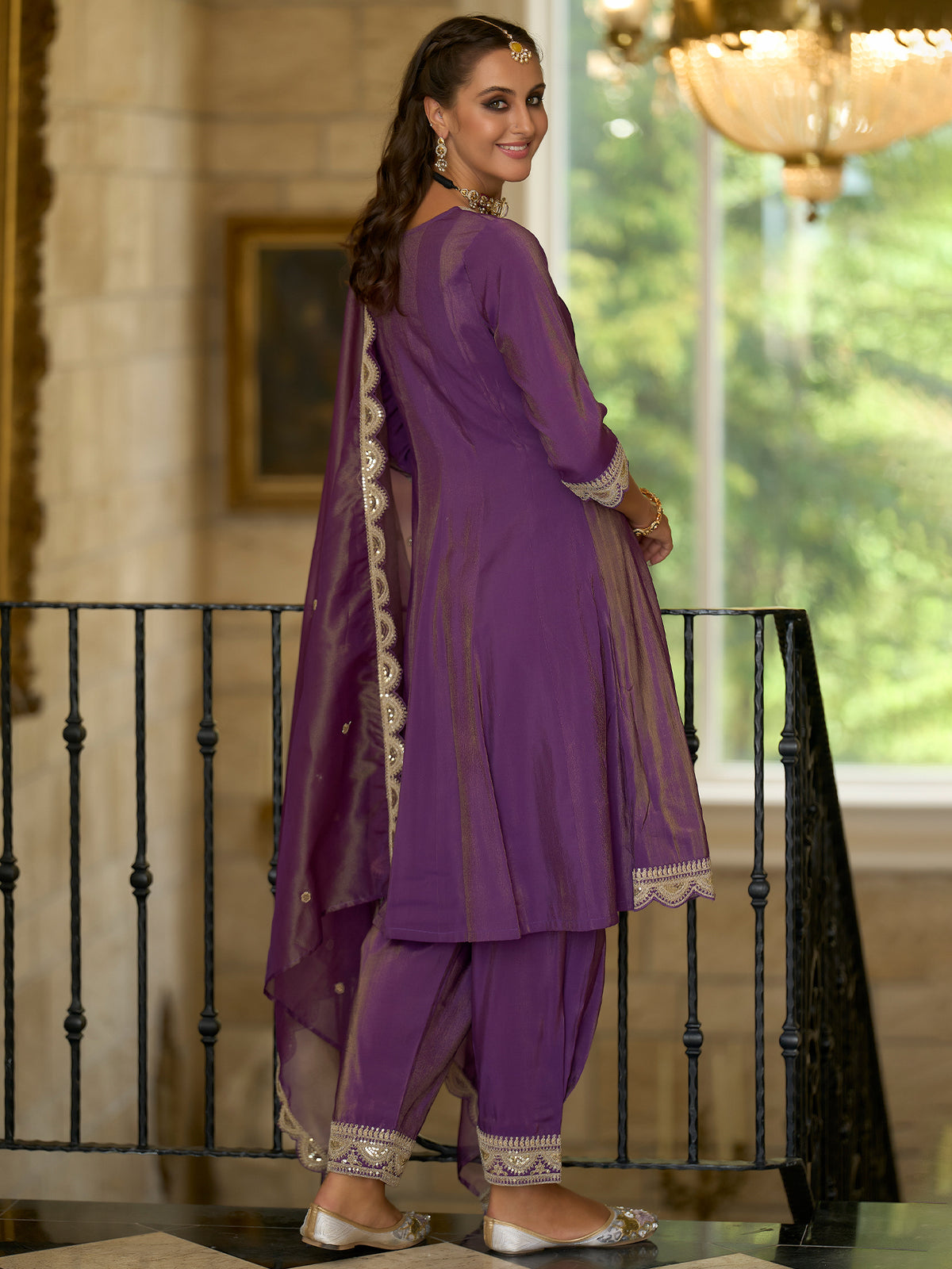 Purple Embroidered A-Line Kurta Trousers With Dupatta Set