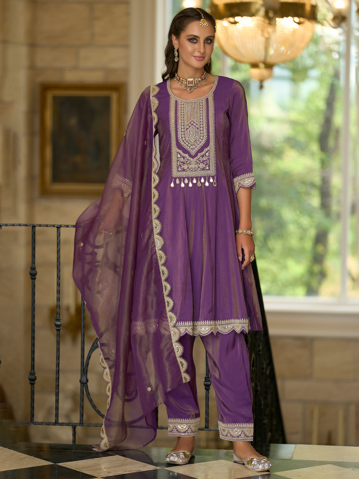 Purple Embroidered A-Line Kurta Trousers With Dupatta Set