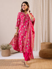 Pink Printed Straight Kurta Trousers With Dupatta Set