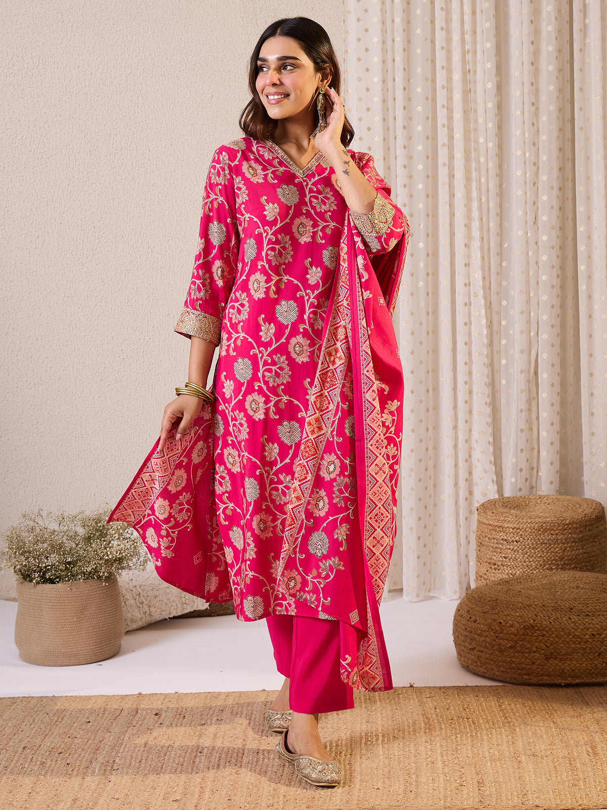 Pink Printed Straight Kurta Trousers With Dupatta Set