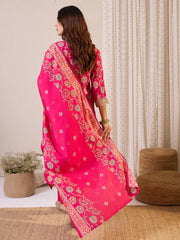 Pink Printed Straight Kurta Trousers With Dupatta Set
