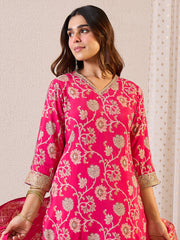 Pink Printed Straight Kurta Trousers With Dupatta Set