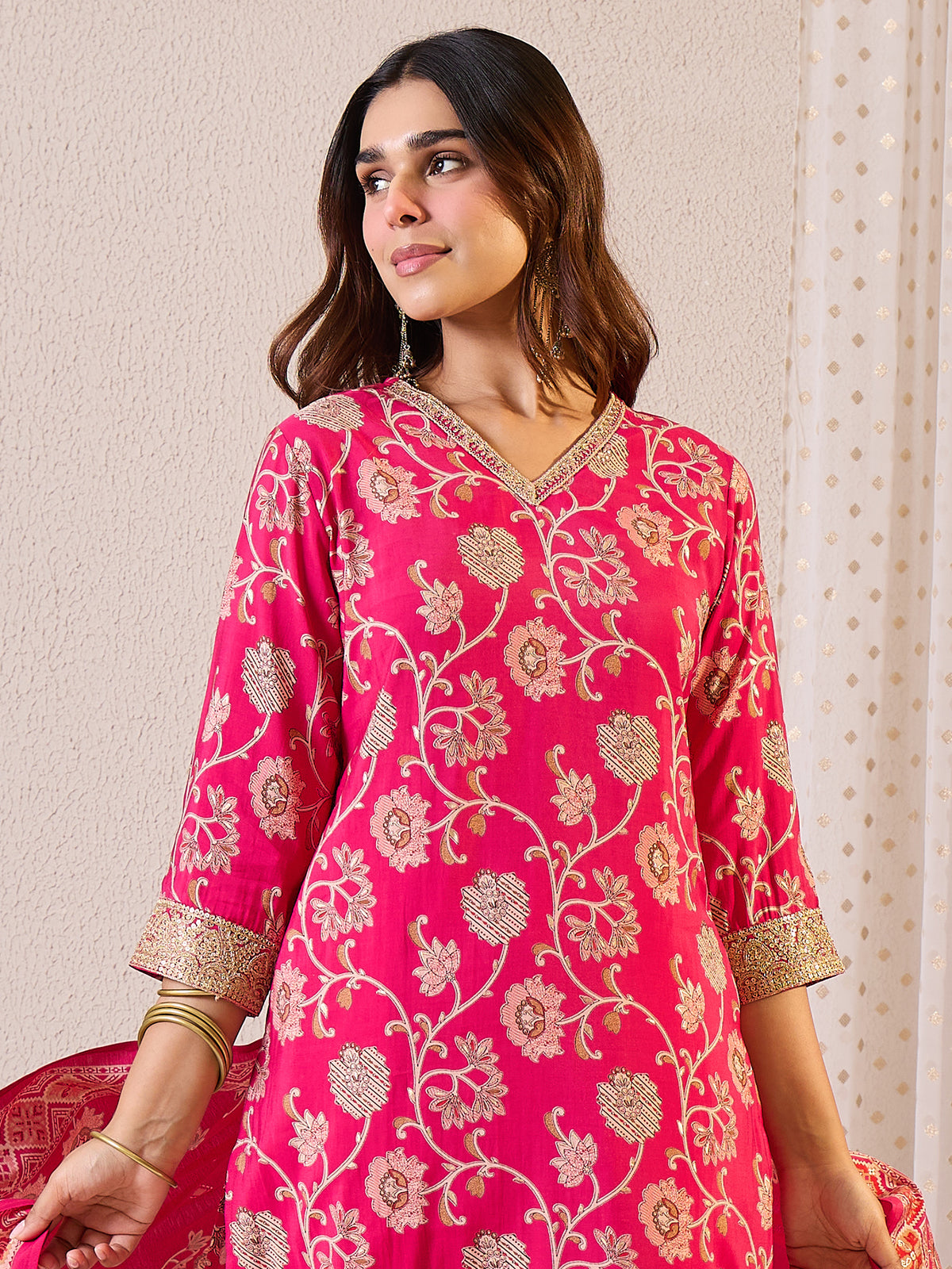 Pink Printed Straight Kurta Trousers With Dupatta Set