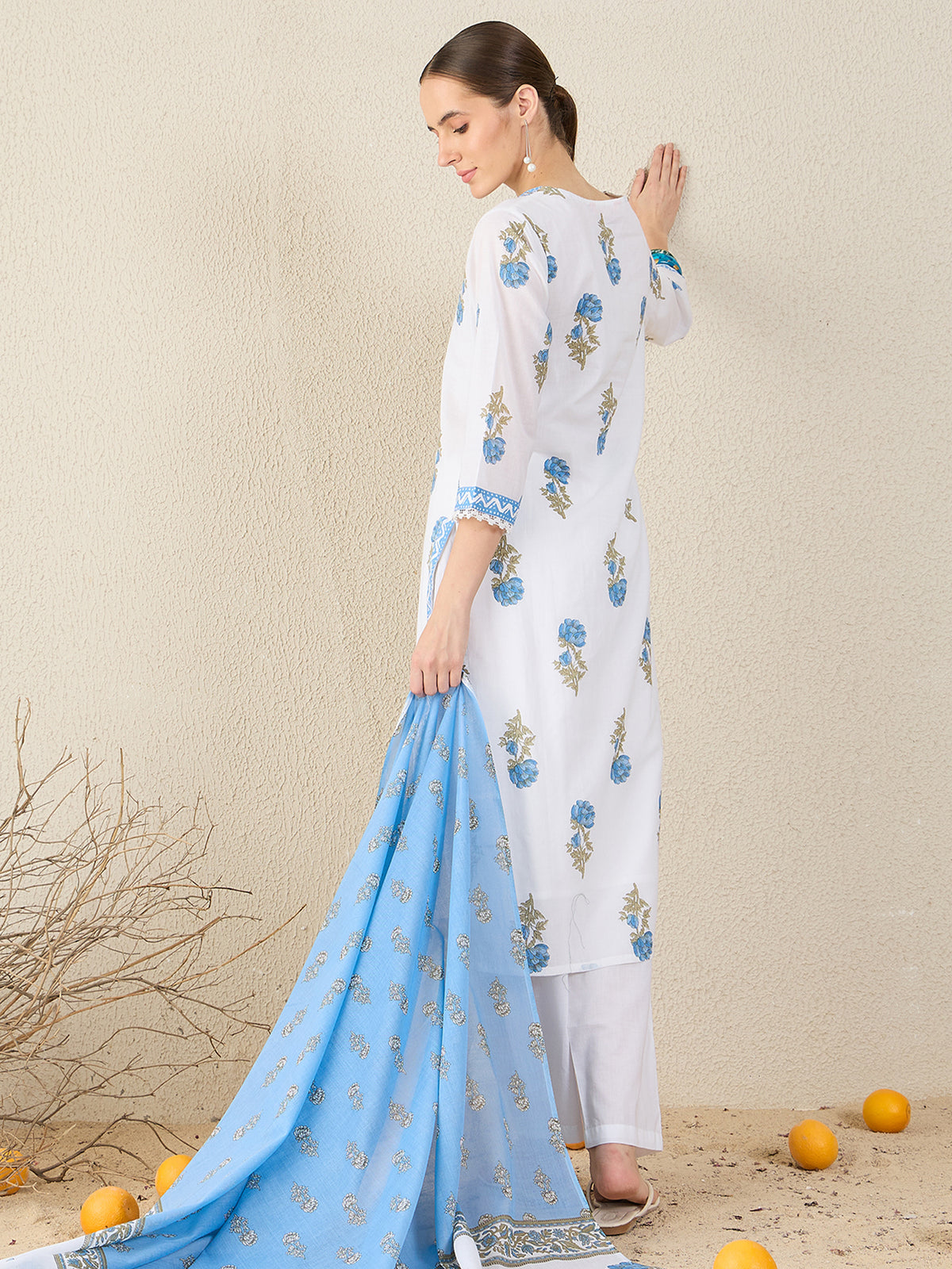 White Printed Straight Kurta Trousers With Dupatta Set