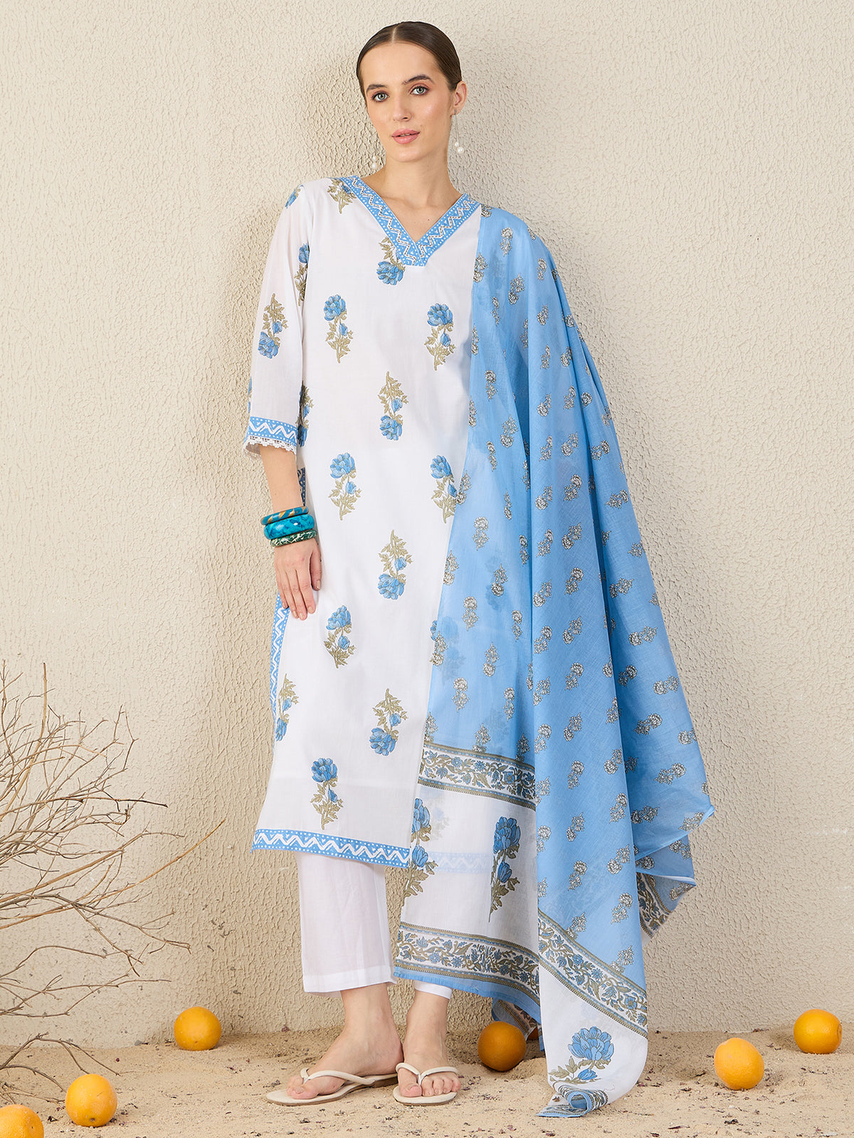 White Printed Straight Kurta Trousers With Dupatta Set