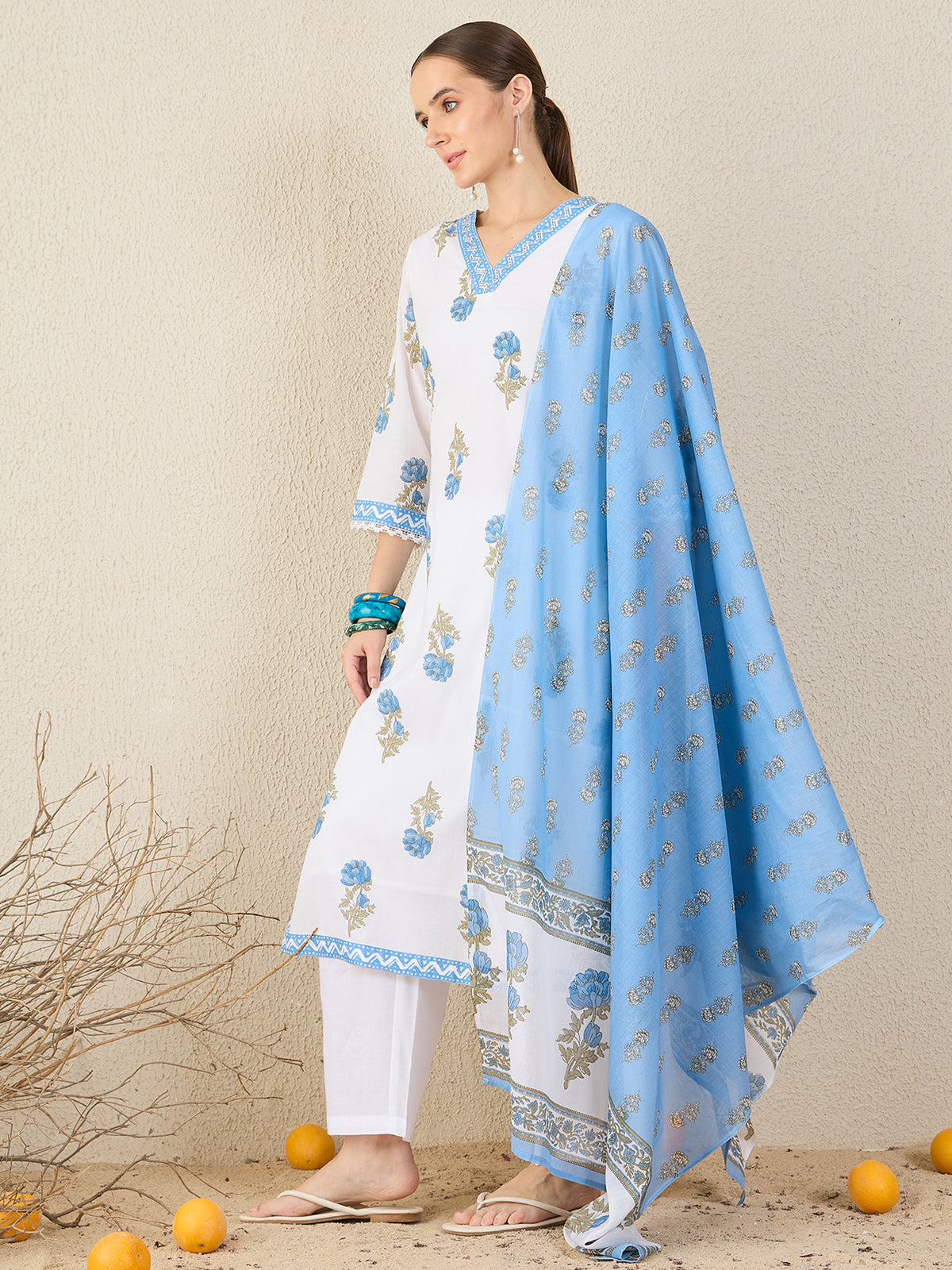 White Printed Straight Kurta Trousers With Dupatta Set