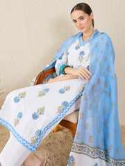 White Printed Straight Kurta Trousers With Dupatta Set