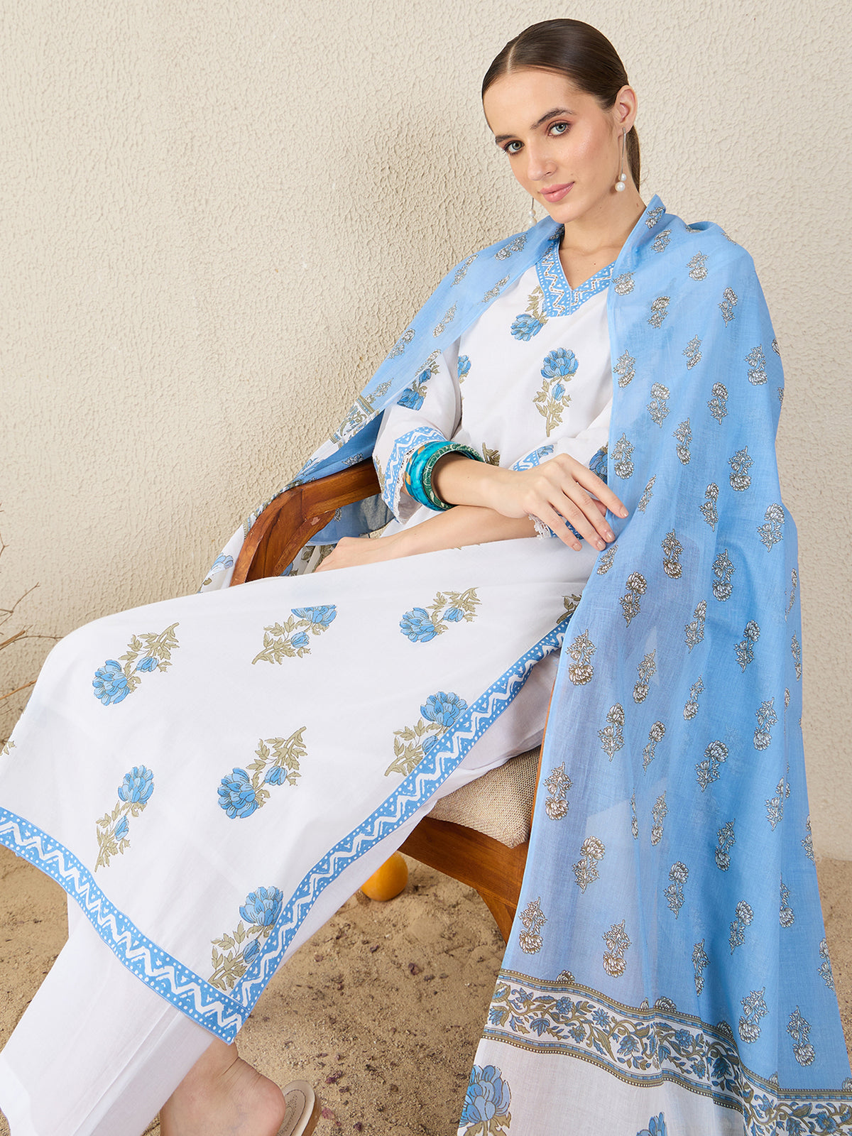 White Printed Straight Kurta Trousers With Dupatta Set