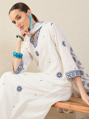 White Embroidered A-Line Kurta Trousers With Dupatta Set