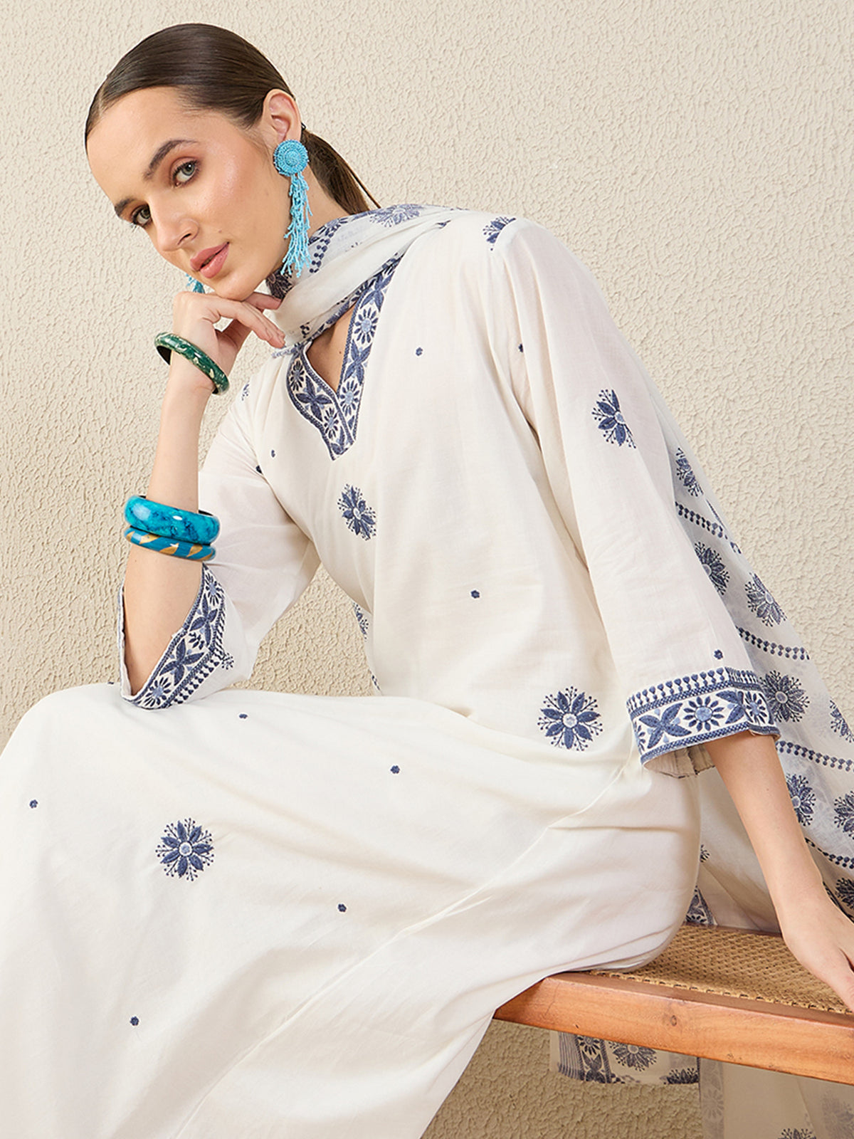 White Embroidered A-Line Kurta Trousers With Dupatta Set