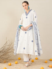 White Embroidered A-Line Kurta Trousers With Dupatta Set