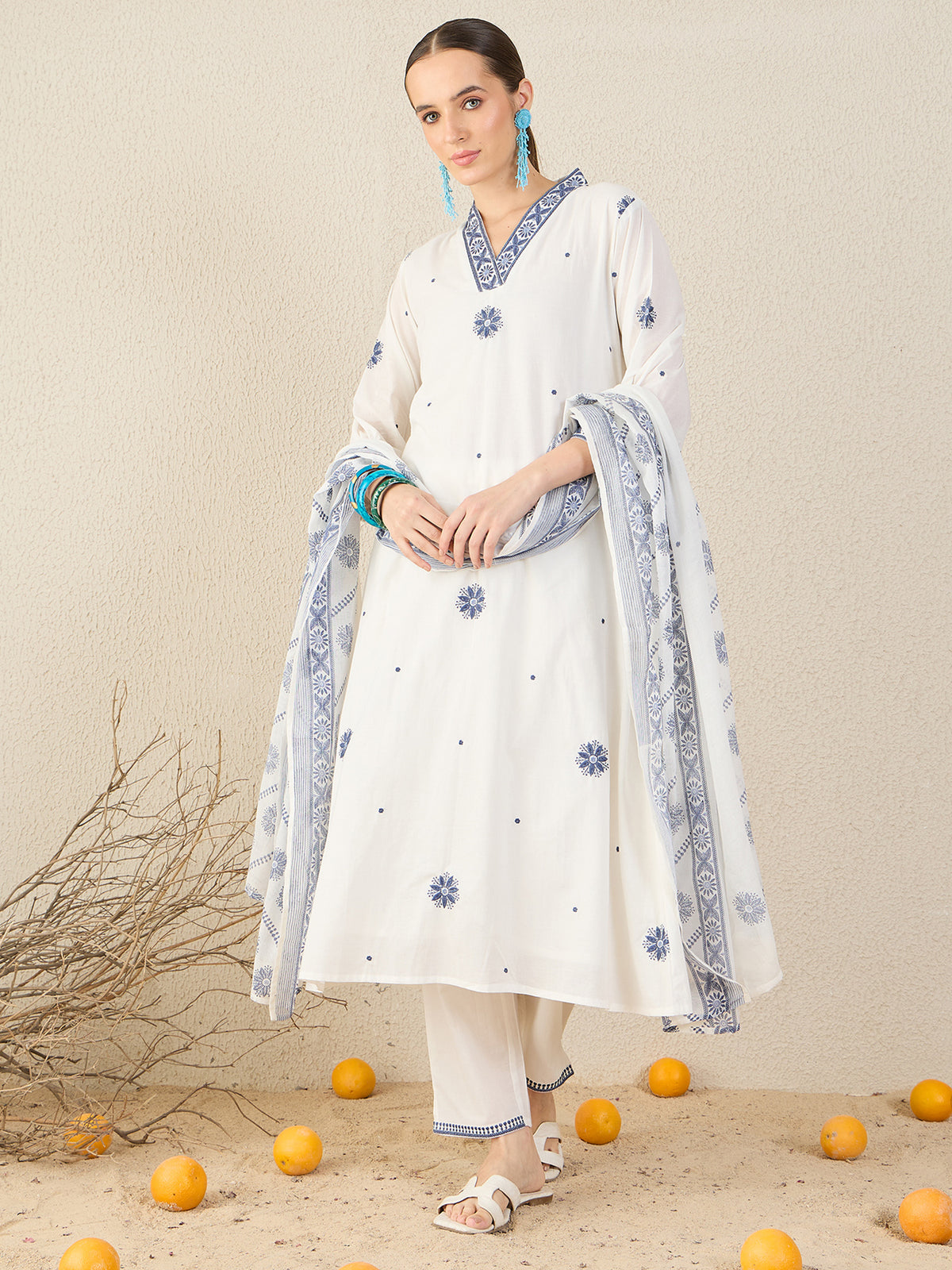White Embroidered A-Line Kurta Trousers With Dupatta Set
