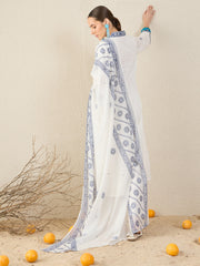 White Embroidered A-Line Kurta Trousers With Dupatta Set