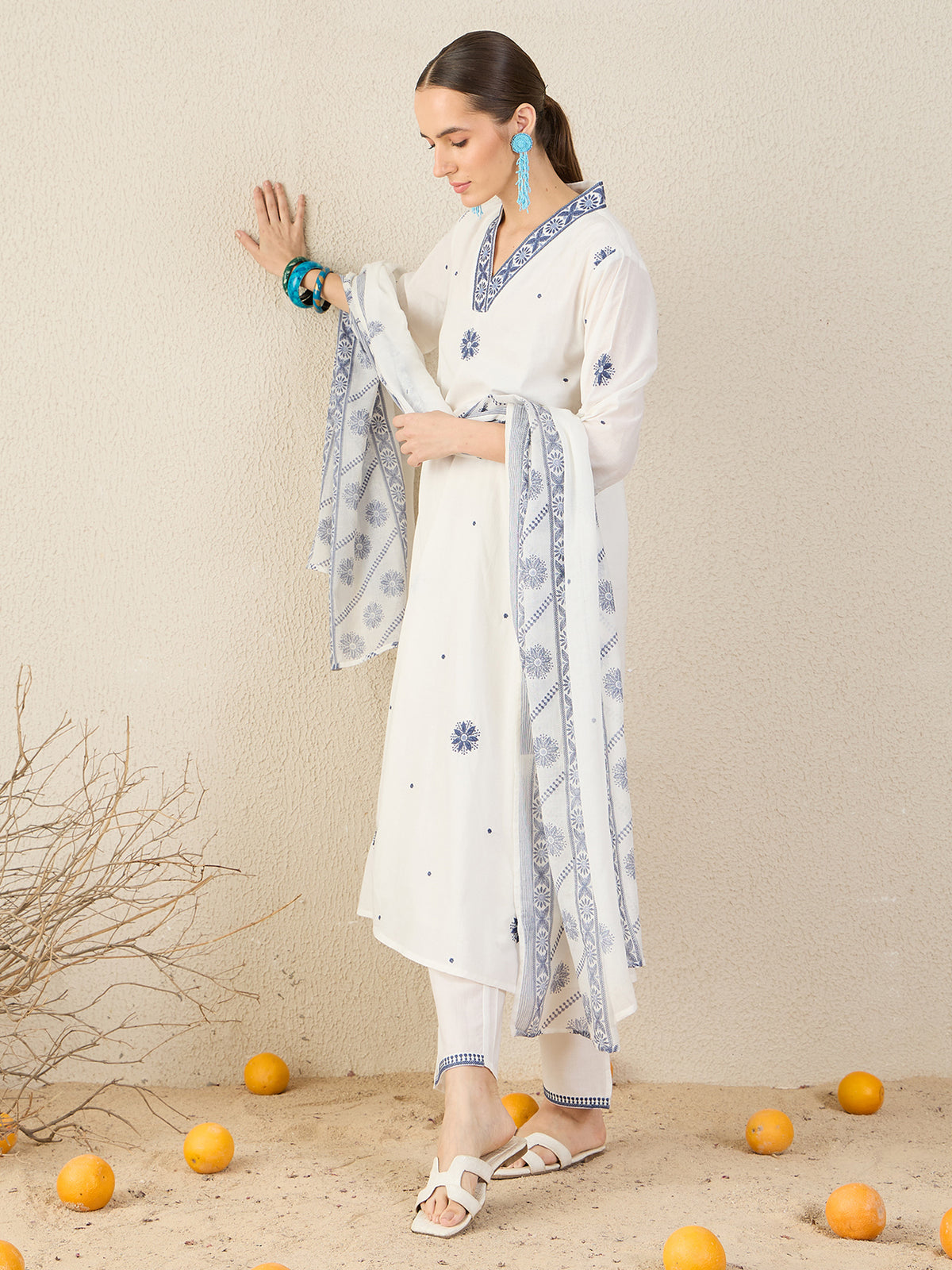 White Embroidered A-Line Kurta Trousers With Dupatta Set