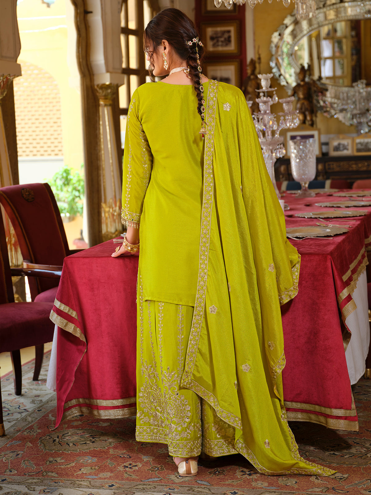 Green Embroidered Straight Kurta Palazzos With Dupatta Set