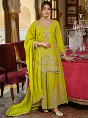Green Embroidered Straight Kurta Palazzos With Dupatta Set