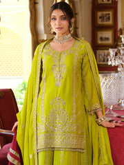 Green Embroidered Straight Kurta Palazzos With Dupatta Set
