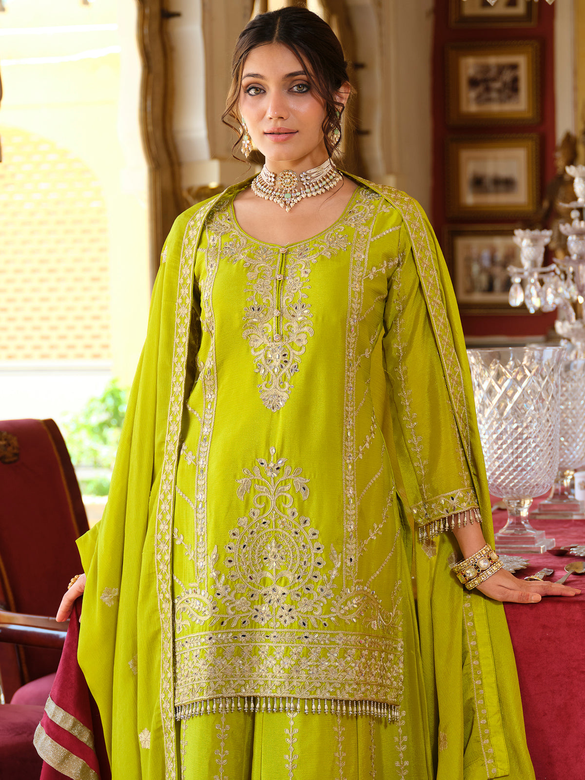 Green Embroidered Straight Kurta Palazzos With Dupatta Set