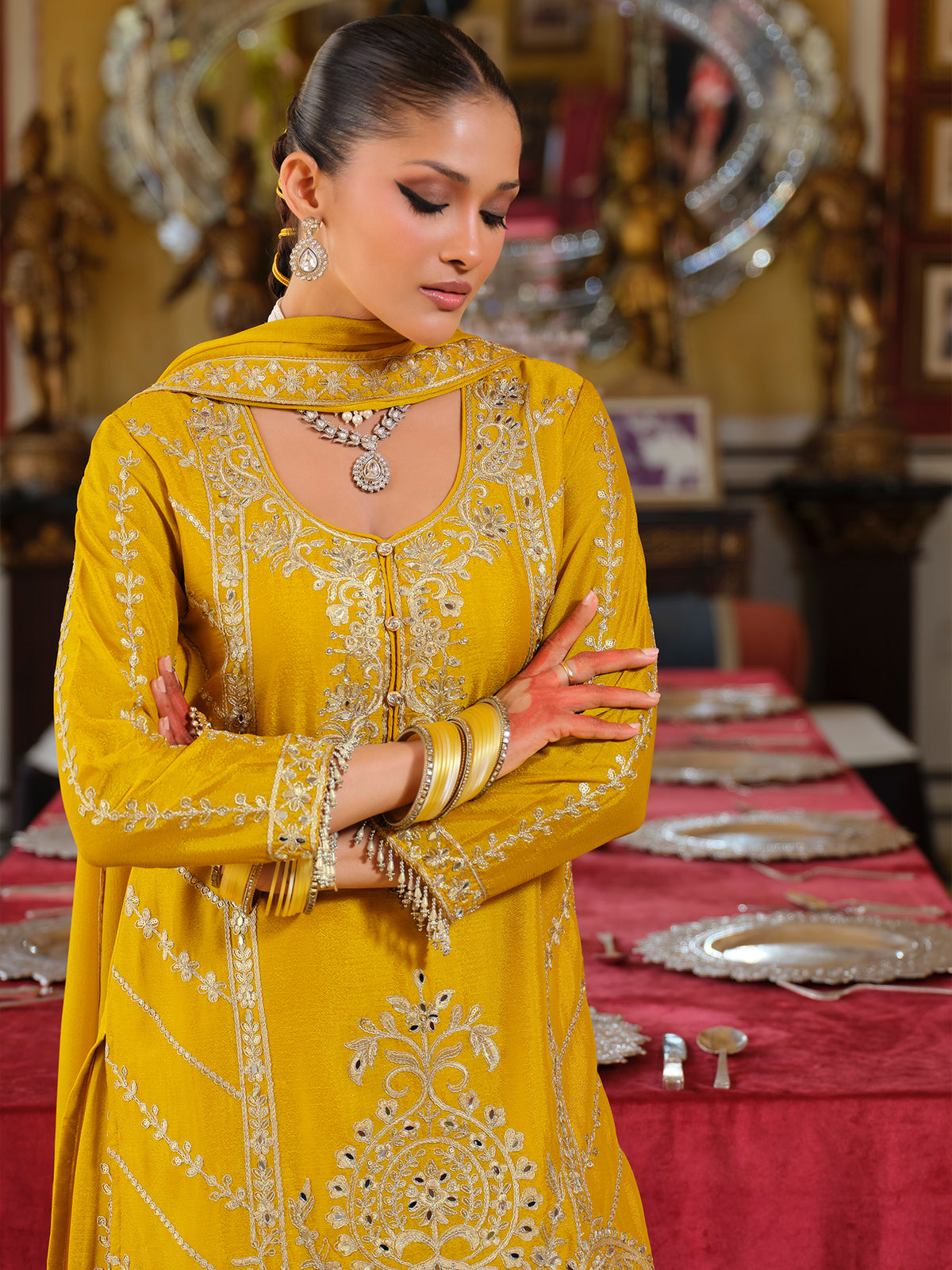 Yellow Embroidered Straight Kurta Palazzos With Dupatta Set