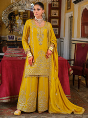 Yellow Embroidered Straight Kurta Palazzos With Dupatta Set