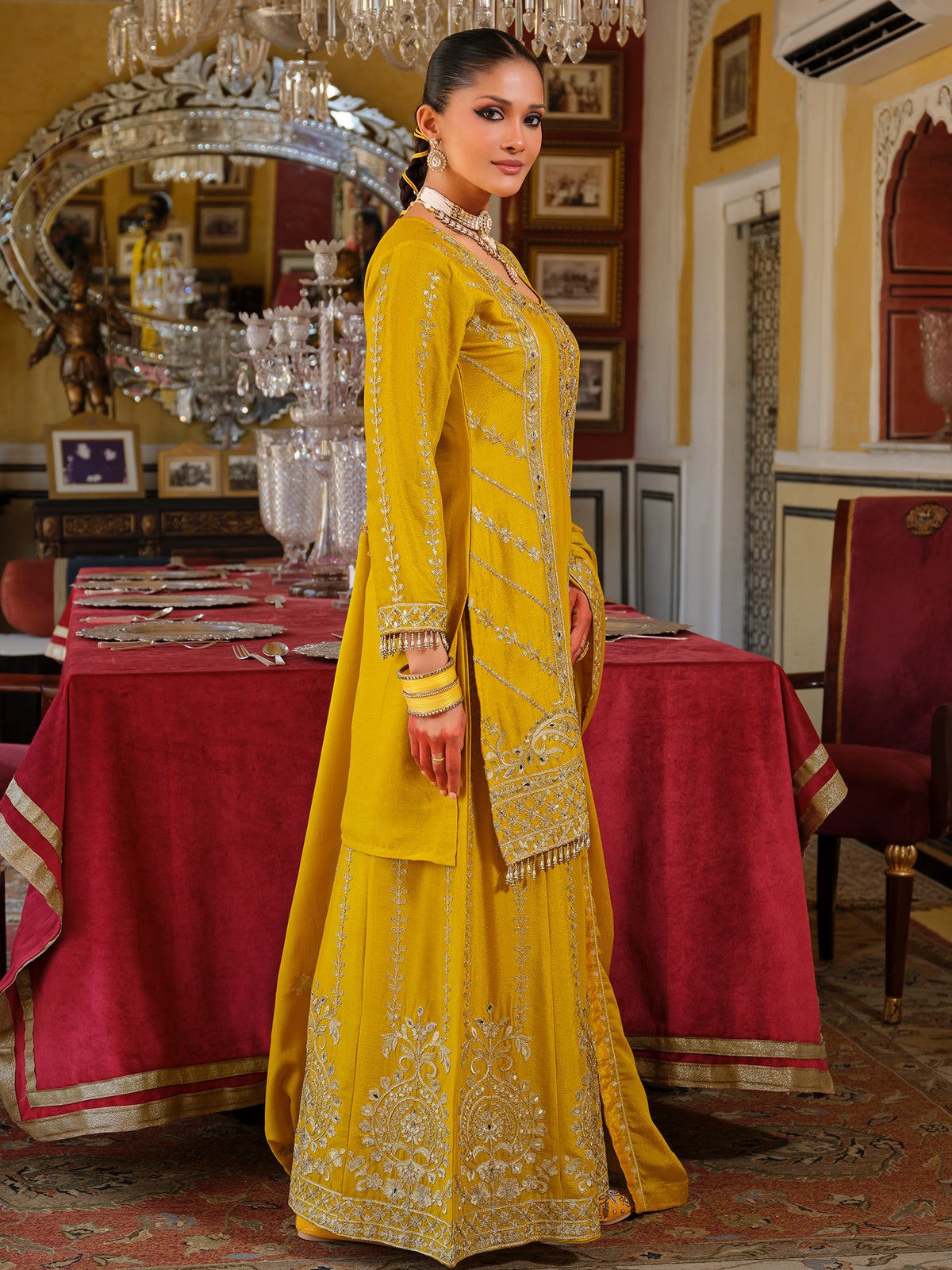 Yellow Embroidered Straight Kurta Palazzos With Dupatta Set