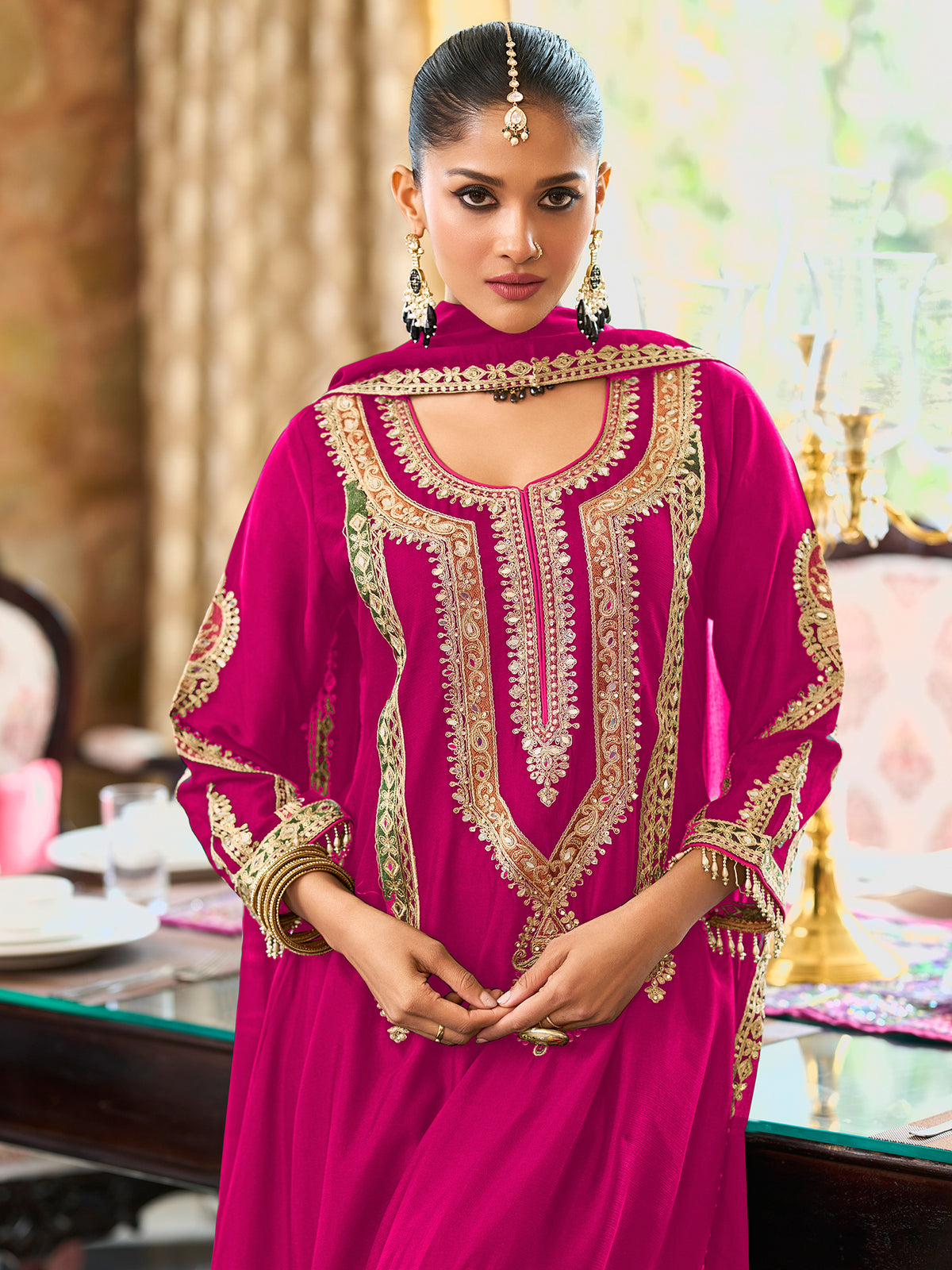 Pink Embroidered A-Line Kurta Palazzos With Dupatta Set