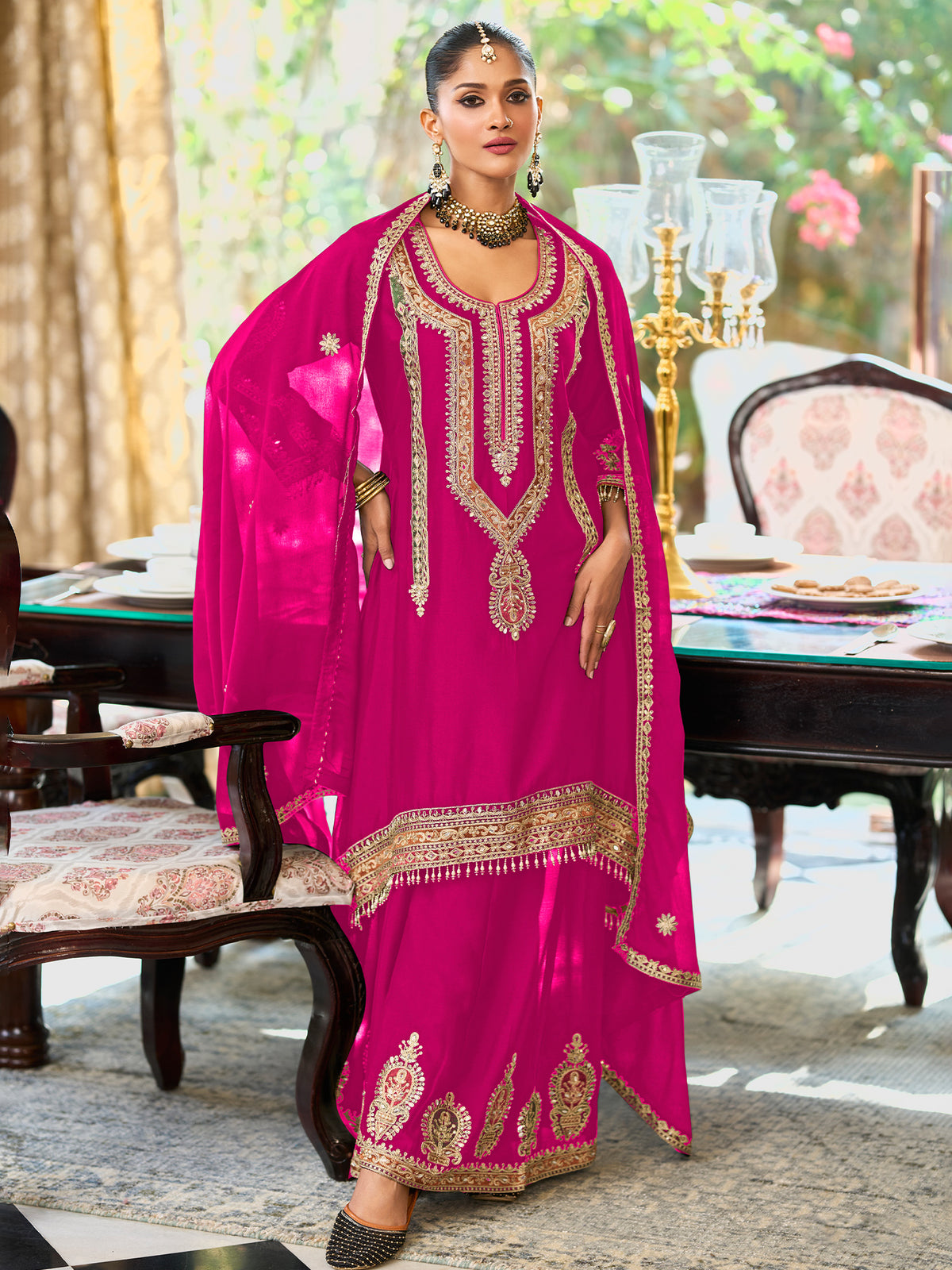Pink Embroidered A-Line Kurta Palazzos With Dupatta Set