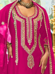 Pink Embroidered A-Line Kurta Palazzos With Dupatta Set