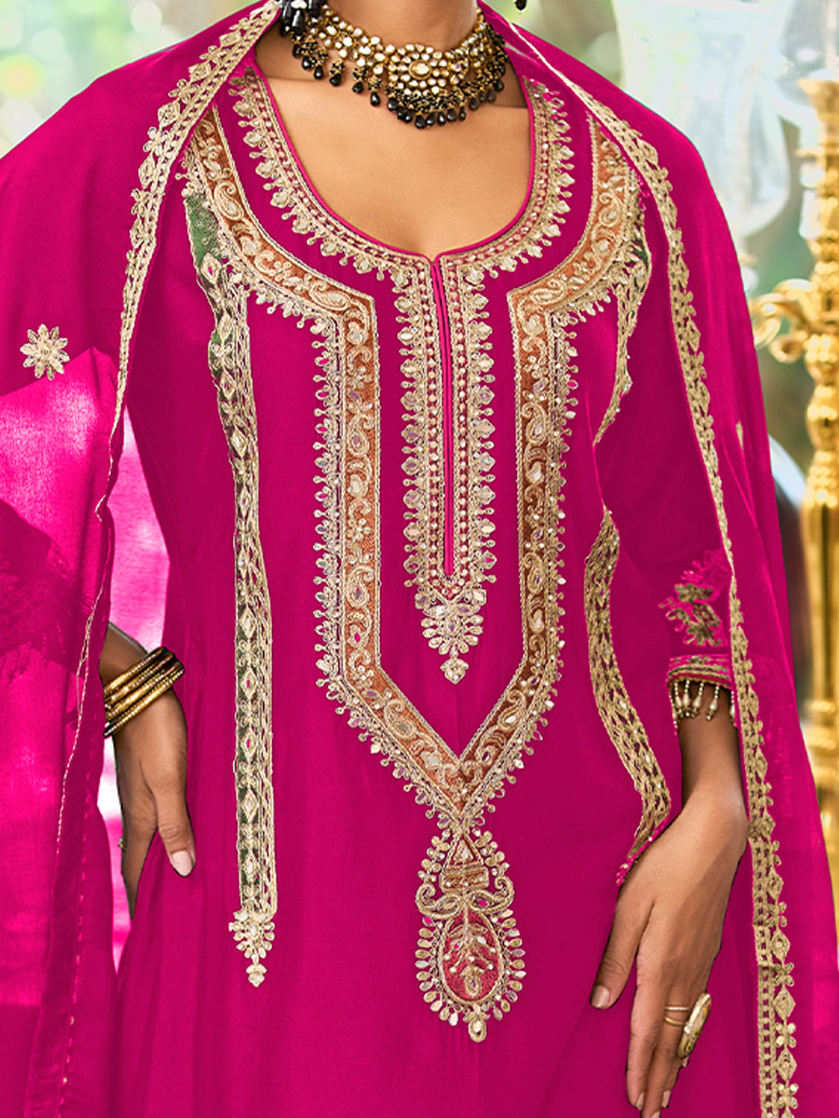 Pink Embroidered A-Line Kurta Palazzos With Dupatta Set