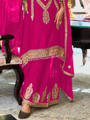 Pink Embroidered A-Line Kurta Palazzos With Dupatta Set