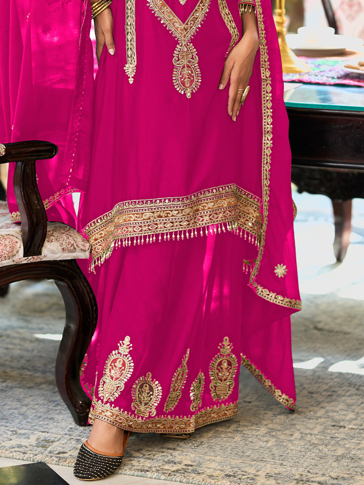 Pink Embroidered A-Line Kurta Palazzos With Dupatta Set