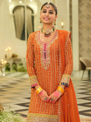 Orange Embroidered Straight Kurta Sharara With Dupatta Set