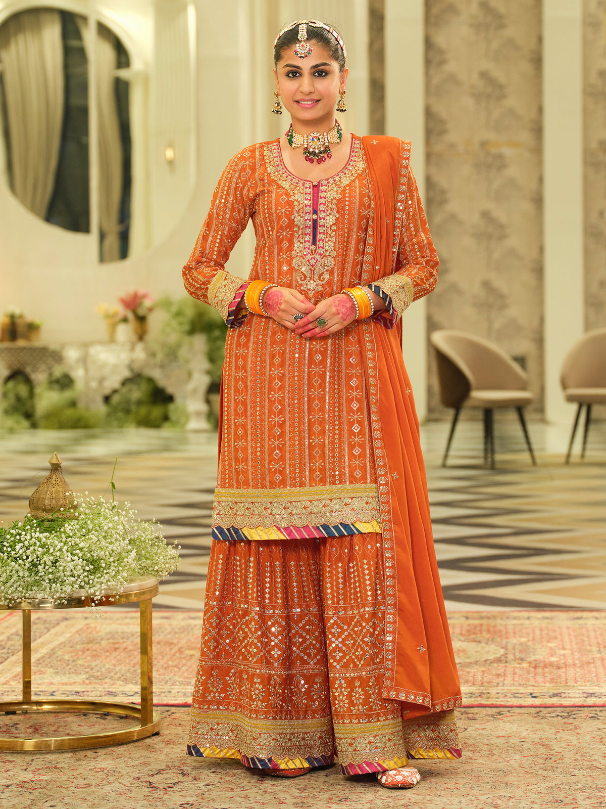Orange Embroidered Straight Kurta Sharara With Dupatta Set