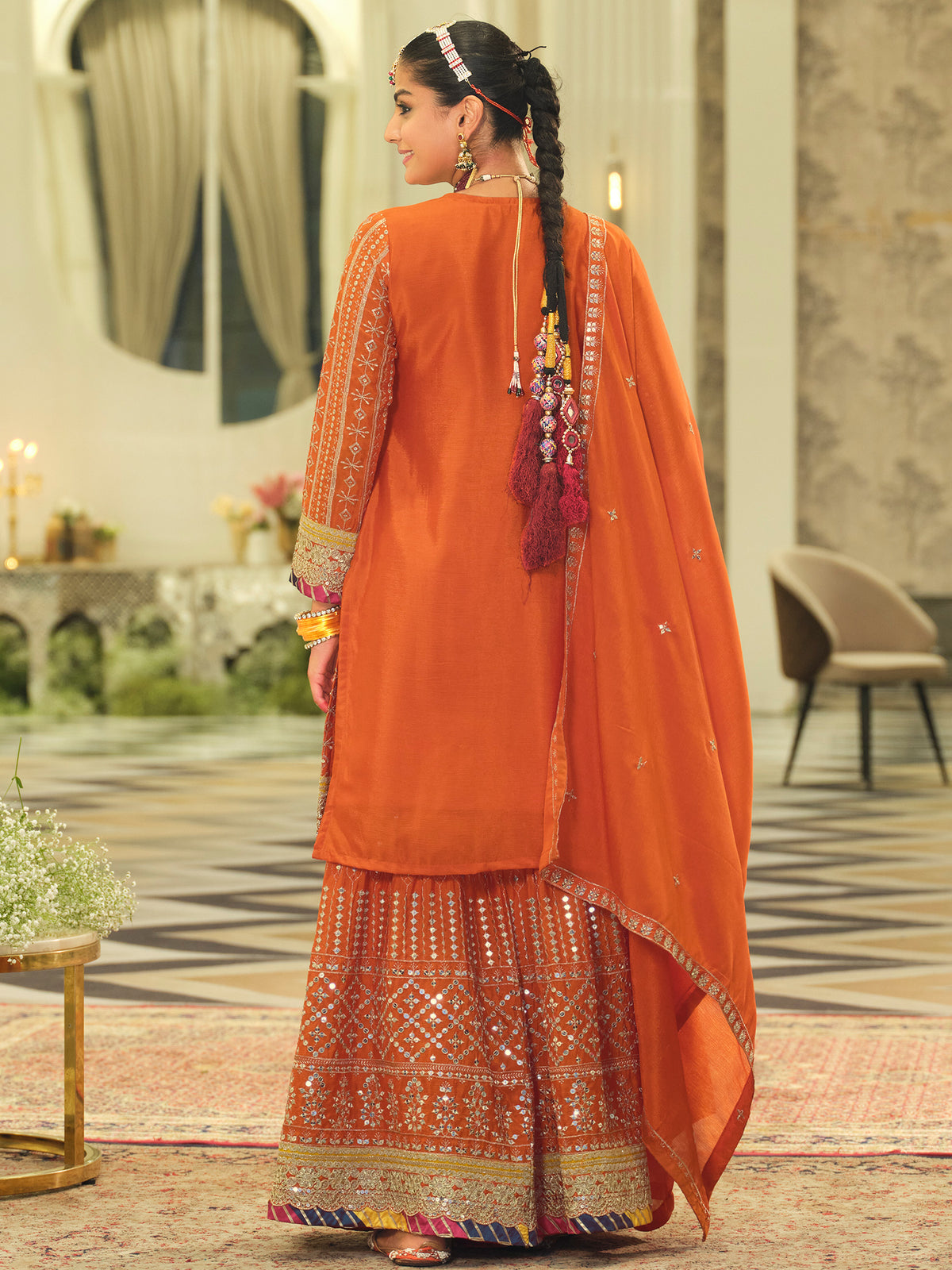 Orange Embroidered Straight Kurta Sharara With Dupatta Set