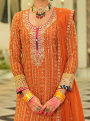 Orange Embroidered Straight Kurta Sharara With Dupatta Set