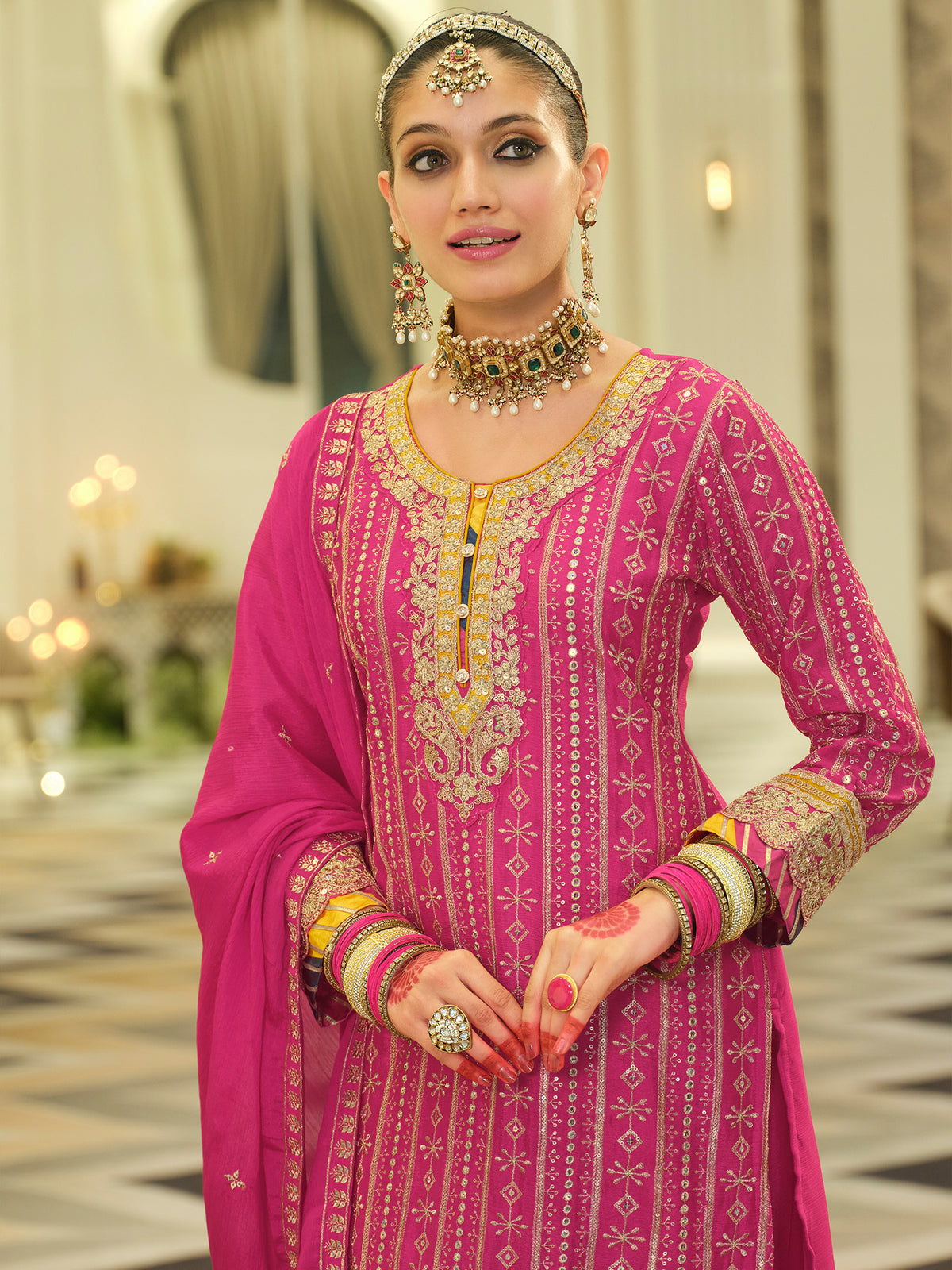 Pink Embroidered Straight Kurta Sharara With Dupatta Set