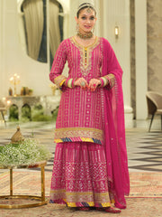 Pink Embroidered Straight Kurta Sharara With Dupatta Set