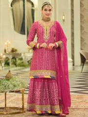 Pink Embroidered Straight Kurta Sharara With Dupatta Set